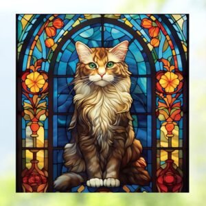 Cat art with flower design stained glass grand design for windows & doors